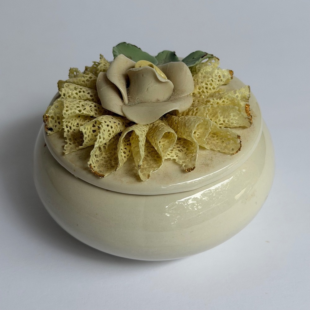 Heirlooms of Tomorrow Vntg  Porcelain Trinket Box Rose Lace Manhattan Beach 1432